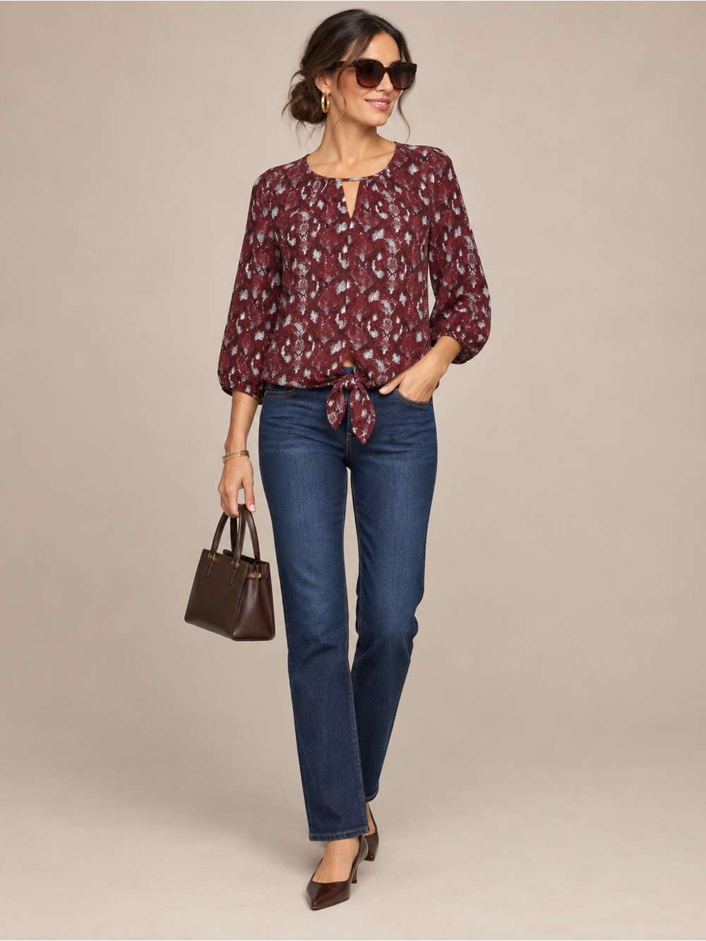West K Stitch Fix Veronica Tie Front Blouse Burgundy Snake Print Size XS